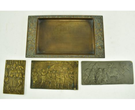 Three early 20th century brass / bronze ecclesiastical religious plaques, along with a bronze trinket dish / tray. The lot co