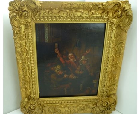 FLEMISH SCHOOL Jovial tavern interior scene, an Oil on panel, 25cm x 20cm in an ornate gilt frame 
