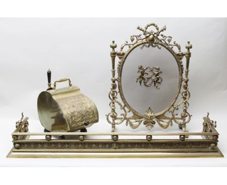 A SELECTION OF BRASS FIRESIDE FURNITURE including; A FENDER, purdonium with shovel and a mesh firescreen/guard 