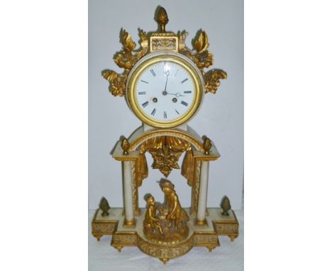 A FRENCH PORTICO CLOCK having white painted and gilded enamelled dial, 53cm high 