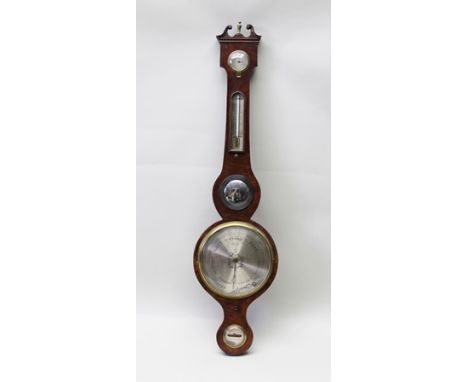 P. RONCORONE OF BASINGSTOKE A 19TH CENTURY MAHOGANY WHEEL BAROMETER, HYDROMETER THERMOMETER AND CONVEX MIRROR, having silvere