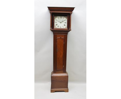 AN EARLY 19TH CENTURY OAK LONGCASE CLOCK, column mounted hood, square painted dial "John Bunting of Long Buckby", with Roman 