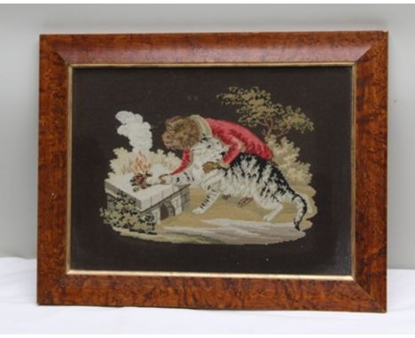 AFTER LANDSEER A VICTORIAN WOOLWORK TAPESTRY, "Monkey and Cat", 27cm x 37cm in a maple glazed frame 