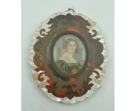 EUROPEAN SCHOOL A miniature portrait of a young woman of fashion, Watercolour painting, oval mounted within a boulle frame, w