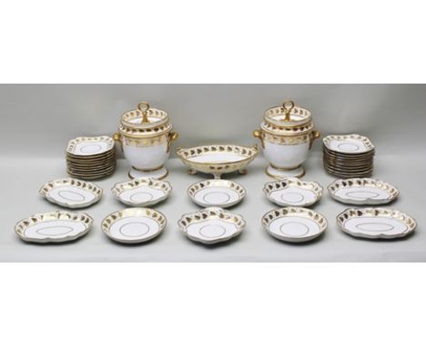 AN EXTENSIVE MATCHED SPODE DESSERT SERVICE having gilded leaf decoration, includes a pair of ice pails (marked Spode), and va