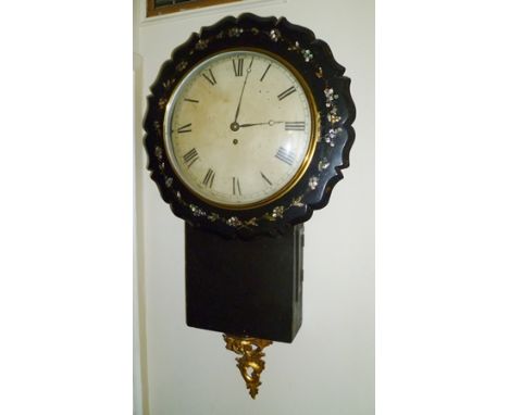 A 19TH CENTURY MOTHER-OF-PEARL INLAID DROP DIAL WALL CLOCK, fusee movement, 28cm dial 