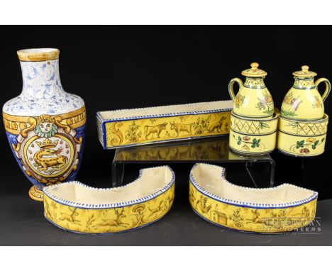 Three Continental majolica flower bricks, probably Portuguese, two demi-lune and one of rectangular shape, decorated with hun