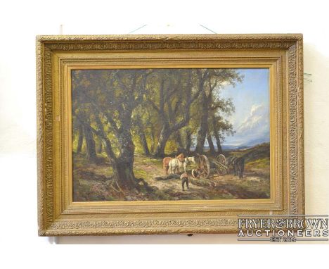 R Parker (?) - Carters in a wooded landscape, signed indistinctly, oil on canvas, 90 x 60cm approx