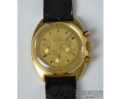 Omega Seamaster - A 1970's gentleman's 18ct yellow gold chronograph wrist watch, the gold dial with three subsidiary dials, w