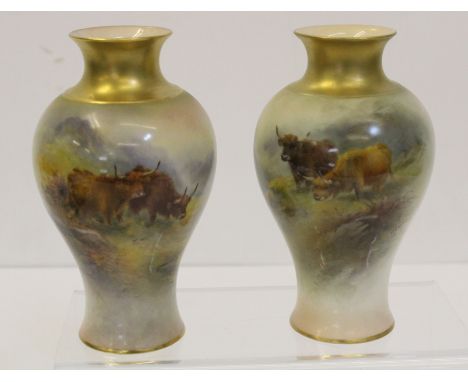 A pair of Royal Worcester porcelain vases signed H.Stinton, shape number 2471, painted with highland cattle in a misty highla