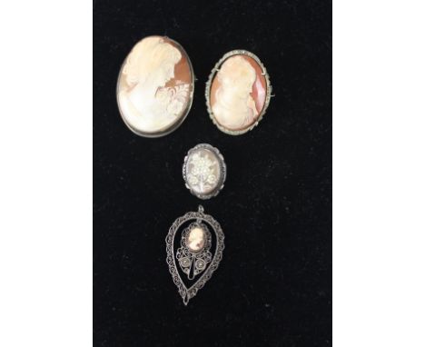 Three vintage carved shell cameo brooches, c1950; and a shell cameo pendant mounted in silver filigree