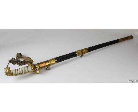 George VI Royal Navy Reserve Officers' sword, blade length 30.5cm, with lion's head pommel, wire-bound fish-skin grip, foldin