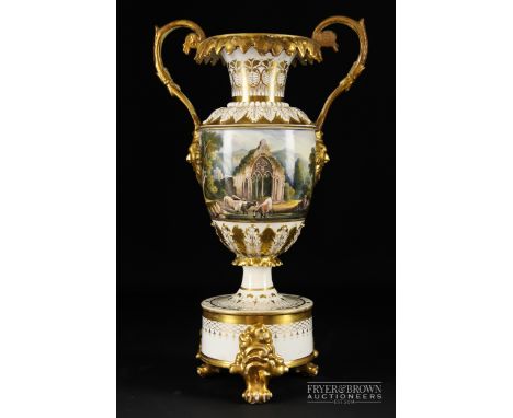 A Derby porcelain two handled urn on stand, the ovoid body probably decorated by Daniel Lucas with a ruin, highland figures w