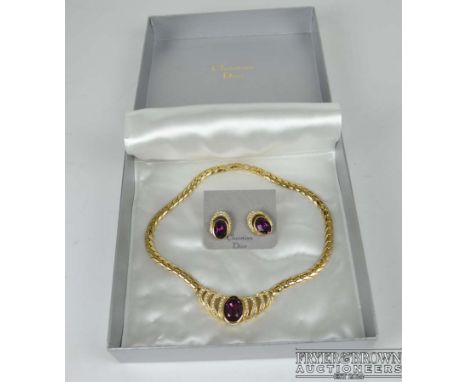 Christian Dior Bijoux Costume jewellery, A gilt metal and Amethyst glass necklace and matching earrings in original box