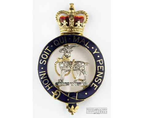 Garrard &amp; Company, c1950, a fine Royal Warwickshire regimental brooch, 18ct gold champleve enamel and rose cut diamond, 3