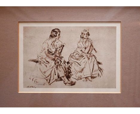 After Sir William Russell Flint (Scottish 1880-1969) "Monica and her recorder" signed lower right margin, glazed and gilt fra