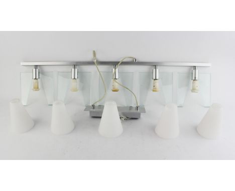 UNKNOWN DESIGNER, Five light ceiling plaffonier, metal and glass, with five opaque glass shades, 95cm wide x 22cm deep, 55cm 