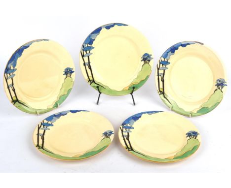 CLARICE CLIFF, Blue firs, five bread and butter plates, printed marks to the base, Wilkinson Ltd, 20cm diameter (5)Condition 
