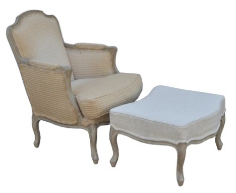 WYCHWOOD DESIGN, Armchair/Fauteuil, in the Louis XV style, together with an ottoman, chair upholstered in gold and grey/cream