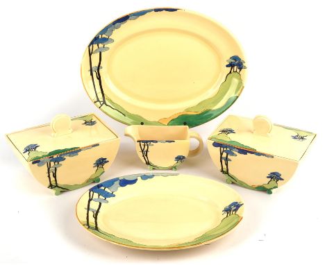 CLARICE CLIFF, Blue firs, pair of vegetable tureens and lids, printed marks to the base, Wilkinson Ltd and The Biarritz/Royal