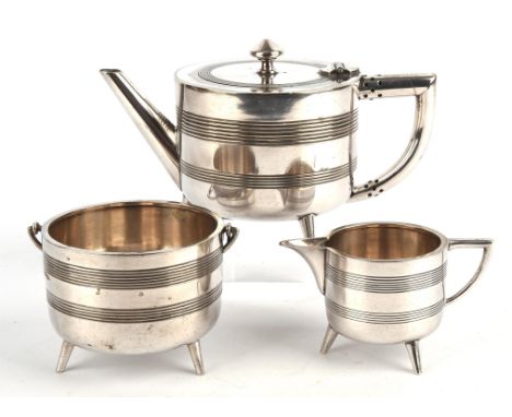 WALKER & HALL, a silver plated three piece tea service after a design by Christopher Dresser, no 53367, C.1885, each piece wi