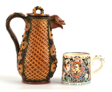 DAME LAURA KNIGHT FOR MYOTT &SONS, commemorative pottery mug dated 1937, 8cm high, a decorative stoneware lidded ewer, 20cm h