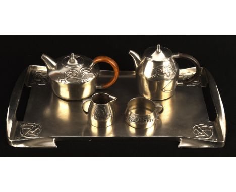 ARCHIBALD KNOX (1864-1933) FOR LIBERTY & CO, A  Tudric pewter five piece tea and coffee service, no. 0374 & 0375, sugar loaf 