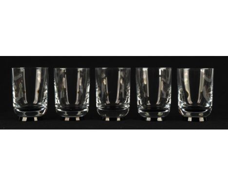 ORREFORS, a group of eleven clear and black glass beakers, 11cm high and twelve similar mugs, 10.5cm high (23)