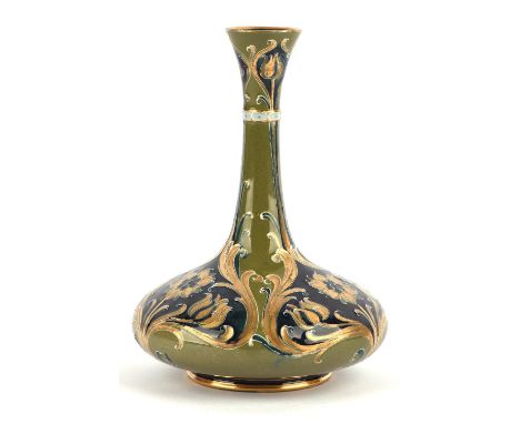 WILLIAM MOORCROFT (1872-1945) FOR JAMES MACINTYRE & CO, 'Green & Gold' Florian ware, pottery bottle neck vase, tube line deco