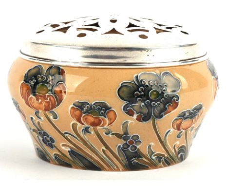 WILLIAM MOORCROFT (1872-1945), FOR MACINTYRE & Co, 'Poppies', Florian ware pottery pot pourri with hallmarked silver pierced 