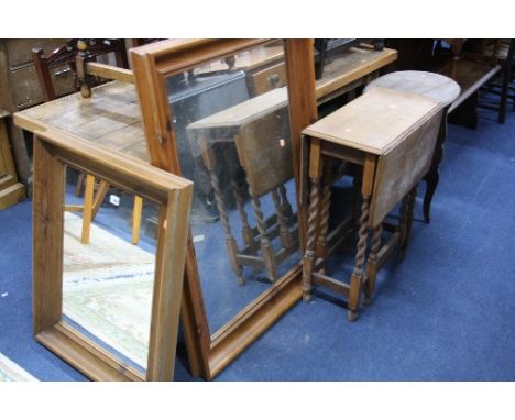 TWO PINE FRAMED WALL MIRRORS, a small oak barley twist gate-leg table and an occasional table (sd) (4)