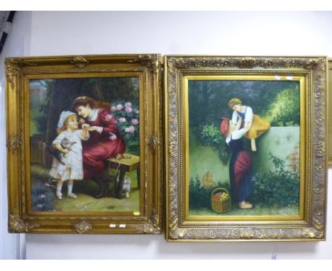 TWO GILT FRAMED OILS ON CANVAS, both with certificates verso, young girl with kitten playing with governess in garden by Mart