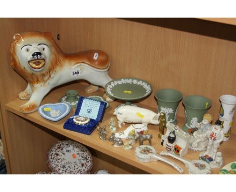 VARIOUS ORNAMENTS, VASES, etc, to include Staffordshire Lion, crested wares, Wedgwood Jasperwares, Halcyon Days enamel box '1