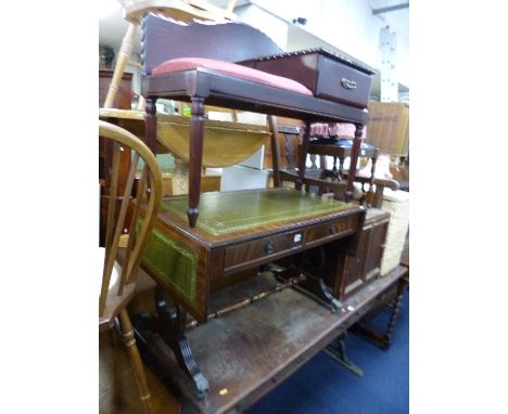 A MODERN MAHOGANY SOFA TABLE, with green leather top and a telephone seat (sd) (2)