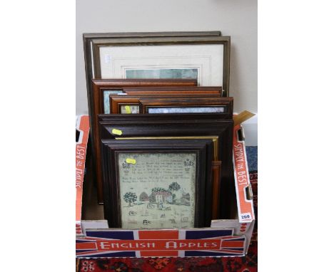 PRINTS, to include 'An Accident' and 'Piccadilly Gardens' after Lowry, tapestry and sampler prints (12)