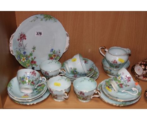 AYNSLEY TEASET, florally decorated on light blue ground, B5137 (some chips) (21)