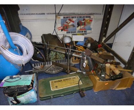 A METAL TOOL BOX AND TWO BOXES AND LOOSE, containing a quantity of hand tools including mitre saw, socket set, etc