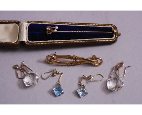 BROOCH AND EARRING COLLECTION, to include an early 20th century seed pearl and diamond stick pin, one old Swiss cut diamond, 