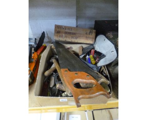 A BOX CONTAINING A QUANTITY OF HAND TOOLS, and a wooden box