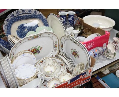 THREE BOXES AND LOOSE CERAMICS, GLASS, etc, to include Masons, Royal Worcester, Royal Crown Derby (seconds) etc