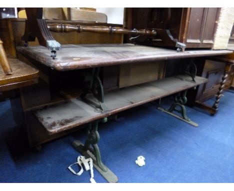 AN EARLY 20TH CENTURY PAINTED CAST IRON RAILWAY PLATFORM BENCH/TABLE, approximate size width 183cm x depth 59cm x height 79cm