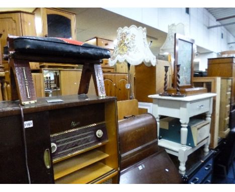 A CASED SINGER SEWING MACHINE, Regentone record player, pine hanging two door cabinet, mahogany framed firescreen, small fend