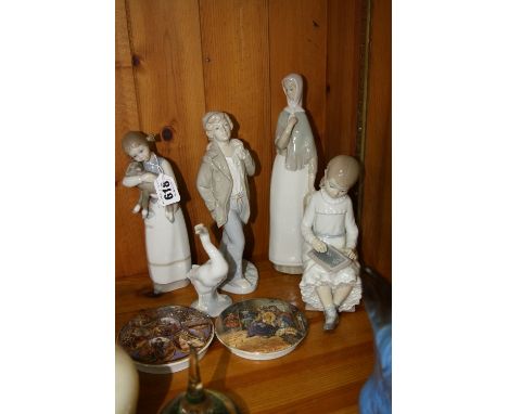 TWO LLADRO FIGURES, girl with Goat and a Duck, two pot lids 'Hide & Seek' and 'As You Like It', together with three Nao figur