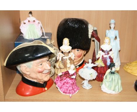 A GROUP OF CERAMIC FIGURES AND CHARACTER JUGS, to include Royal Doulton 'Sara' HN3219 (boxed), 'Buttercup' HN2268, 'Kirsty' H