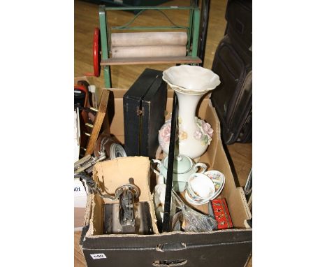A BOX AND LOOSE SUNDRY ITEMS, to include ceramics, boxed Comet child's sewing machine and a mangle (unboxed), silver topped c