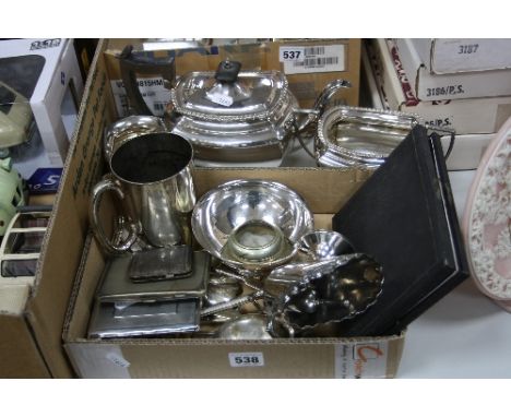 A BOX AND LOOSE PLATED WARES, etc, to include cigarette cases, compact, three piece tea service, cutlery etc
