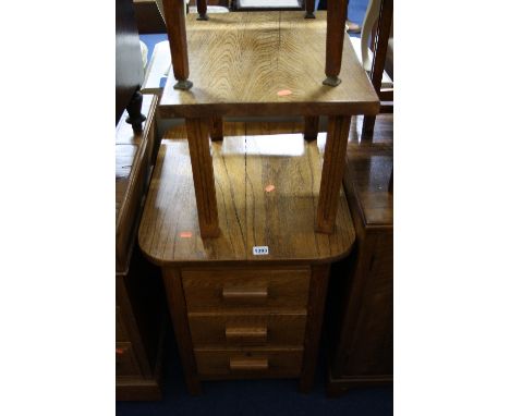 A SMALL OAK THREE DRAWER CHEST, three occasional tables, a low plant stand, a magazine rack, commode and a stool (8)