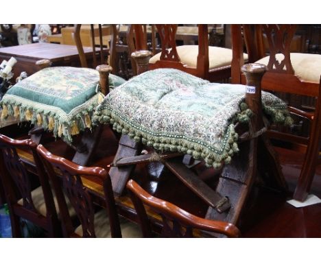 TWO CAMEL STOOLS, with tapestry style loose cushions