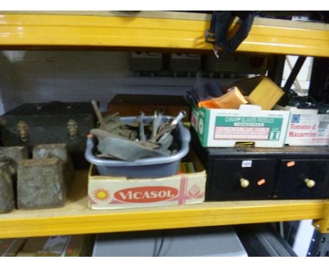 FOUR VARIOUS BOXES, containing a quantity of miscellaneous tools and two painted drawers, etc