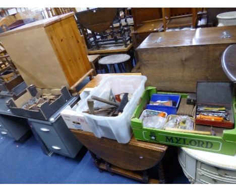 FOUR BOXES OF METAL MISCELLANEOUS, etc including vintage tools